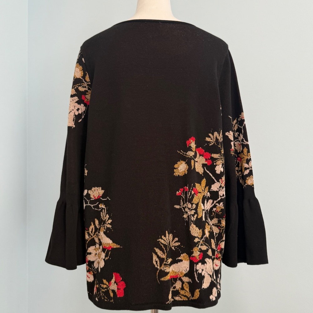 Chicos 2 Floral Sweater Womens Size Large Black 100% Cotton Jacquard Bell Sleeve - Picture 5 of 9